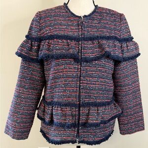 Liza Byrd collarless zippered ruffled blazer jacket SZ M